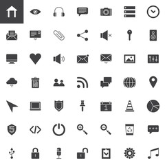 User interface essentials vector icons set, modern solid symbol collection, filled style pictogram pack. Signs, logo illustration. Set includes icons as home, security, sound, trash, options, menu