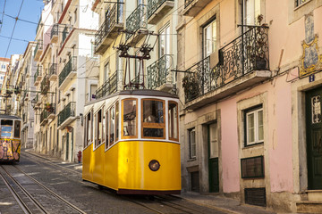 Fototapeta na wymiar Colorful life in Portugal. Yellow tram on the city streets.