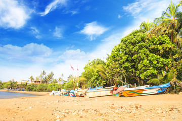 Fototapeta na wymiar Bright boats on the tropical beach of Bentota, Sri Lanka on a sunny day