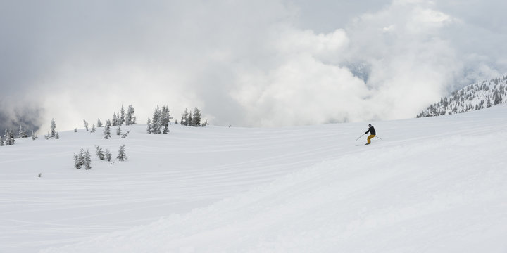Skier on snowy mountain, Whistler, British Columbia, Canada