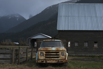Abandoned rusty truck in field, Squamish-Lillooet Regional District, British Columbia, Canada