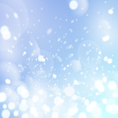 Winter sky with falling snow. Falling snow, snowflake on a blue sky. Holiday Winter background for Merry Christmas and Happy New Year. Falling snow background. Vector illustration
