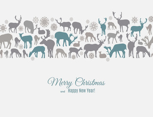 Merry Christmas and Happy New Year greeting card with deers and snowflakes pattern on white background. Abstract background for Christmas decoration. Vector winter illustration