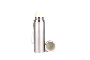 Metal thermos flask isolated on white background