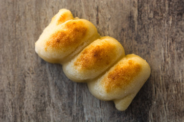 Christmas marzipan sweets on wooden table. Typical spanish christmas dessert.Top view

