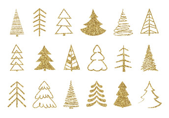 Gold Christmas tree set. Gold glitter texture. Christmas holiday symbols.