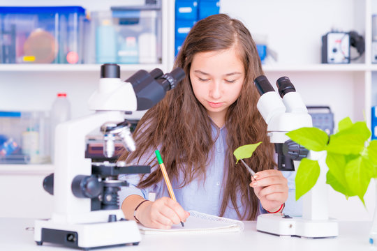 schoolgirl in a class of biology is studying a green plant