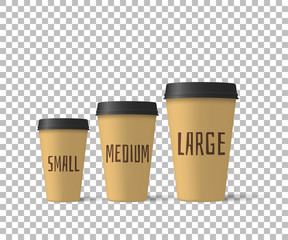 Realistic coffee cups isolated on a transparent background. Paper cups mockup. Vector illustration