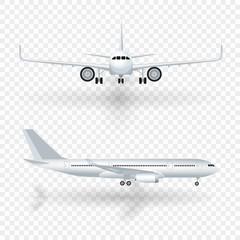 White airplane with shadow icon set on checkered background in profile and from the front isolated vector illustration.