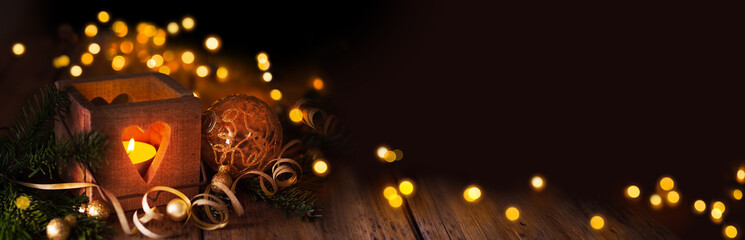Dark christmas and new year background with lantern and magic bokeh lights  -   Banner, Panorama