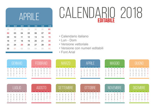 Calendario 2018 italiano vettoriale ed editabile