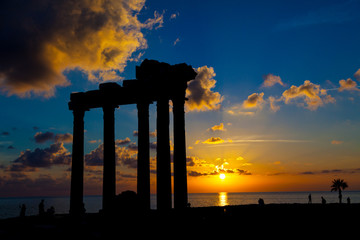 Ruins of an ancient Roman temple during sunset