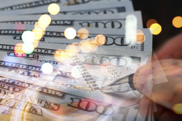 Finance, banking concept. Euro coins, us dollar banknote close-up. Abstract image of Financial system with selective focus, toned, double exposure