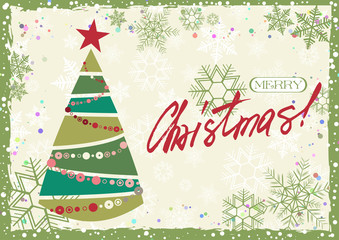 Grunge retro style greeting card for Merry Christmas and Happy New Year with stylized Christmas tree and hand written lettering in christmas colors. Vector illustration