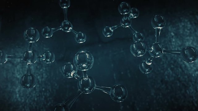 Glass Molecules animation.Beautiful 3D render of crystal atom cells.Aquamarin,blue, dark slate gray. Type 2