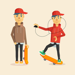 A set of two images of a young skateboarder in motion and standing in place.