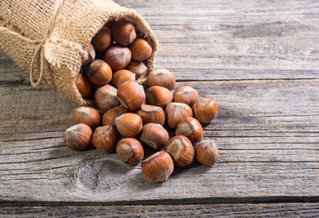 Hazelnut nuts in burlap bag