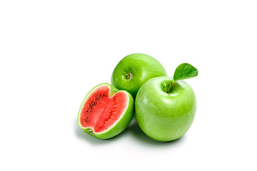 Green apple watermelon on white background, isolate. A product of genetic engineering, genetically modified fruit. Image computer collage.. 