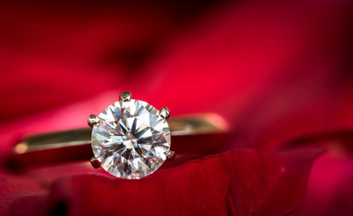 Diamond ring on rose petals