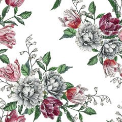 Floral seamless pattern with watercolor tulips and roses