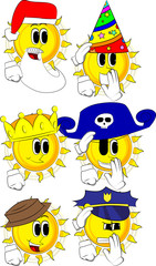 Cartoon sun comforting another sun. Collection with costume. Expressions vector set.