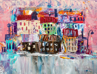 Abstract painting of city buildings