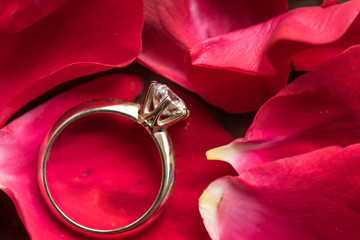 Diamond ring on the rose petals