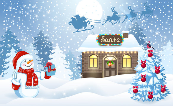 Christmas card with Snowman and Santa's workshop against  forest background and Santa Claus in sleigh with reindeer team flying in the sky