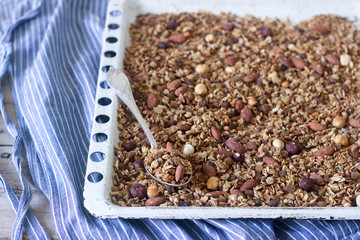 Homemade granola on a baking sheet. Rustic style.