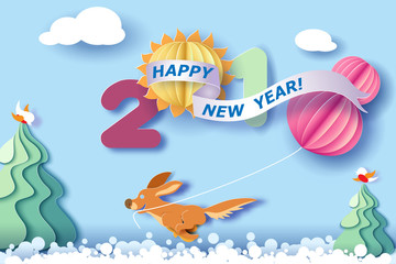 Fototapeta premium Paper cut design and craft winter landscape with christmas tree, birds, dog and digit 2018. Holiday New year and Merry Christmas card. Vector illustration