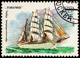 Soviet three-masted bark "Tovarishch" on postage stamp