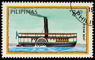 Old passenger steamboat on postage stamp