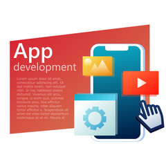 Mobile App development banner. User interface in application.Phone with design pictures, setting 