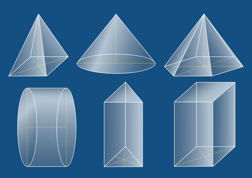 3d basic shapes. Prism, pyramid, cone, cylinder.
