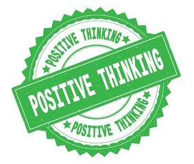 POSITIVE THINKING green text round stamp, with zig zag border.