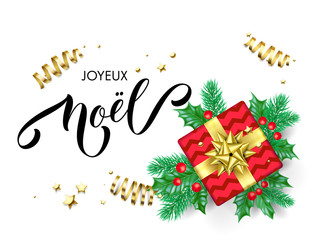Joyeux Noel French Merry Christmas calligraphy hand drawn text for greeting card background template. Vector Christmas tree holly wreath decoration, golden confetti ribbon on premium white design