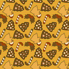 Knitted Christmas and New Year pattern with sweets, decortation and snowmen.