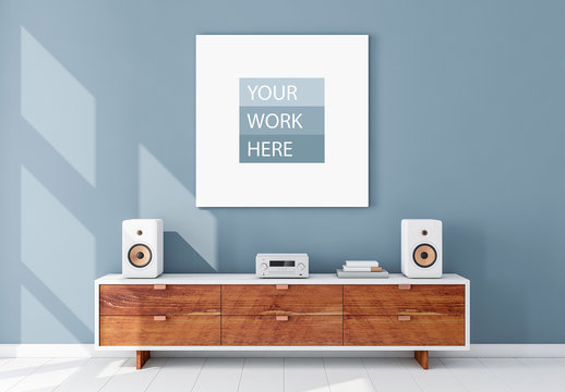 Hanging Canvas Mockup Over Modern Entertainment Center
