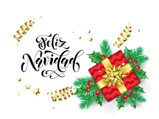 Feliz Navidad Merry Christmas Spanish calligraphy hand drawn text for greeting card background template. Vector Christmas tree holly wreath decoration, golden confetti ribbon on premium white design