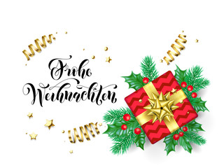 Fototapeta na wymiar Frohe Weihnachten Merry Christmas German holiday hand drawn quote calligraphy greeting card background template. Vector Christmas tree holly wreath decoration, golden ribbon confetti on white design
