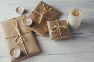 Christmas gift packs with rustic background.