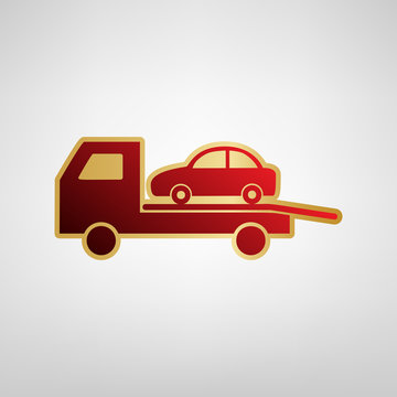 Tow car evacuation sign. Vector. Red icon on gold sticker at light gray background.