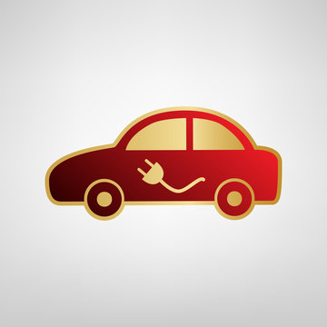 Electric car sign. Vector. Red icon on gold sticker at light gray background.
