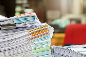 Close up of business documents stack on desk , report papers stack