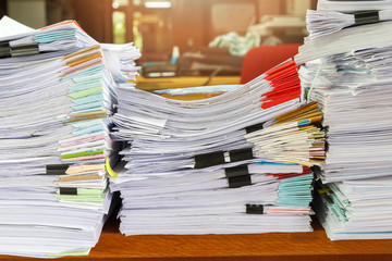 Close up of business documents stack on desk , report papers stack