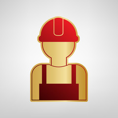 Worker sign. Vector. Red icon on gold sticker at light gray background.