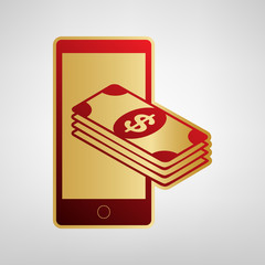 Payment, refill your mobile smart phone,. Vector. Red icon on gold sticker at light gray background.