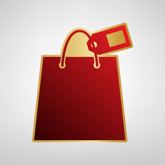 Shopping bag sign with tag. Vector. Red icon on gold sticker at light gray background.