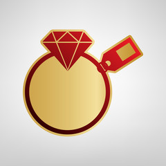 Diamond sign with tag. Vector. Red icon on gold sticker at light gray background.