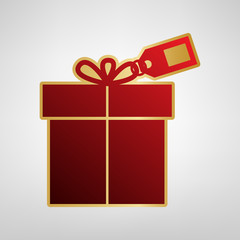 Gift sign with tag. Vector. Red icon on gold sticker at light gray background.